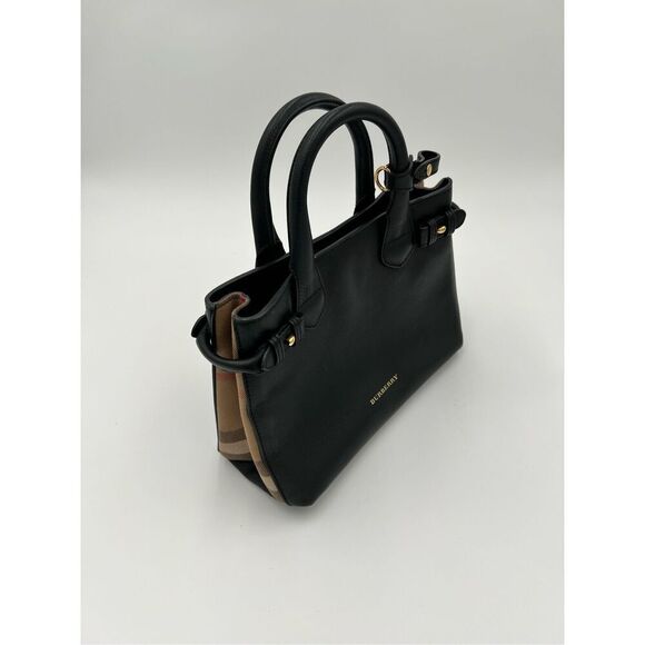 Burberry Banner Tote Iconic House Check Derby Shoulder Bag Black Leather - Picture 6 of 16